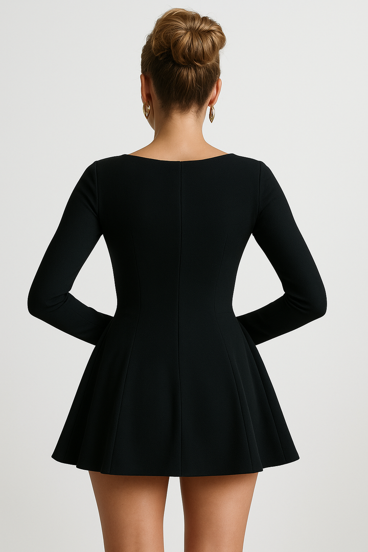 Long Sleeve Mini Dress with Square Neck and Bow Detail
