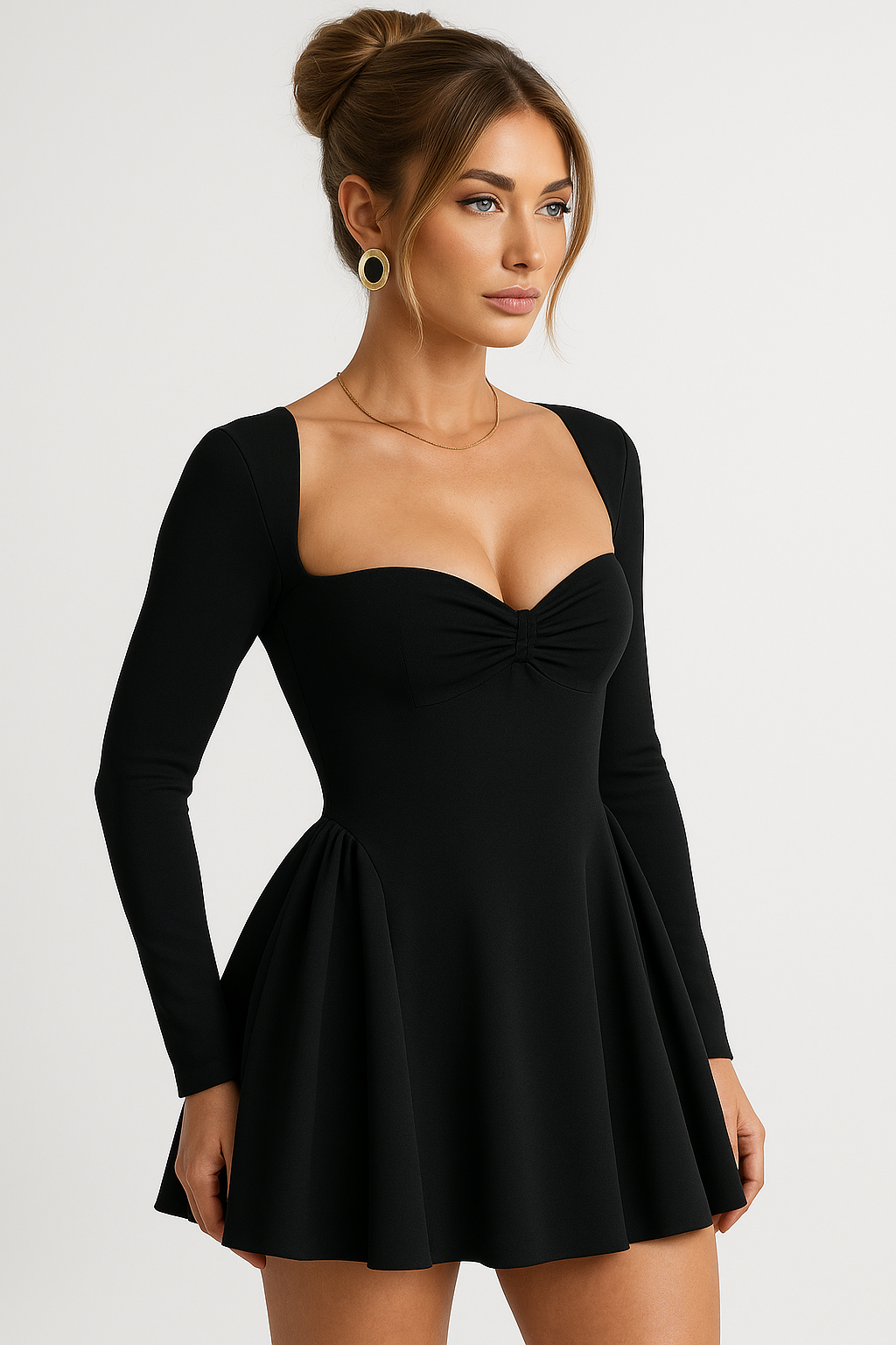 Long Sleeve Mini Dress with Square Neck and Bow Detail