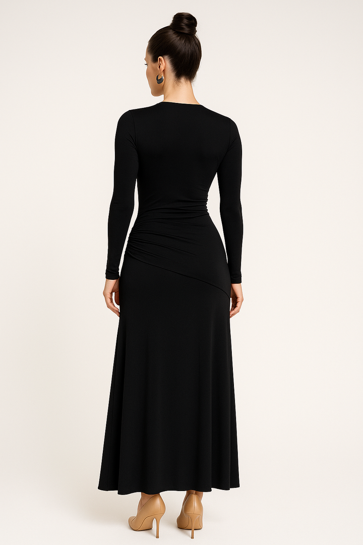 Deep V-Neck Long Sleeve Maxi Dress with Thigh-High Slit