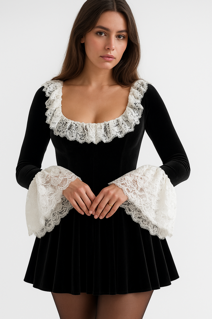 Black Lace Mini Dress | Square Neck Long Flare Sleeve