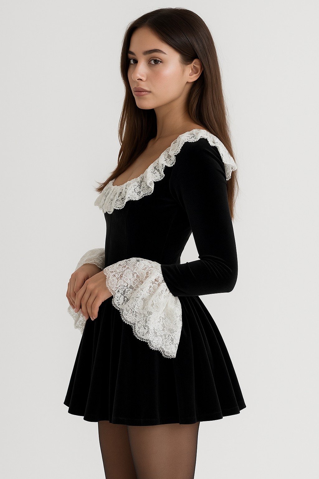 Black Lace Mini Dress | Square Neck Long Flare Sleeve