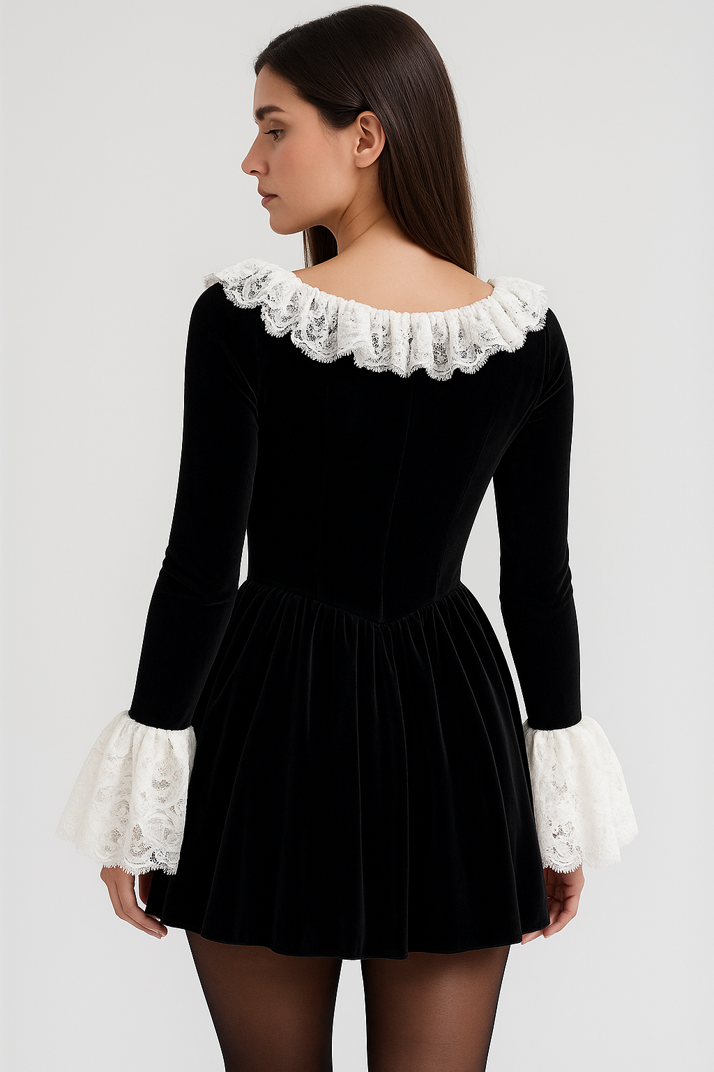 Black Lace Mini Dress | Square Neck Long Flare Sleeve