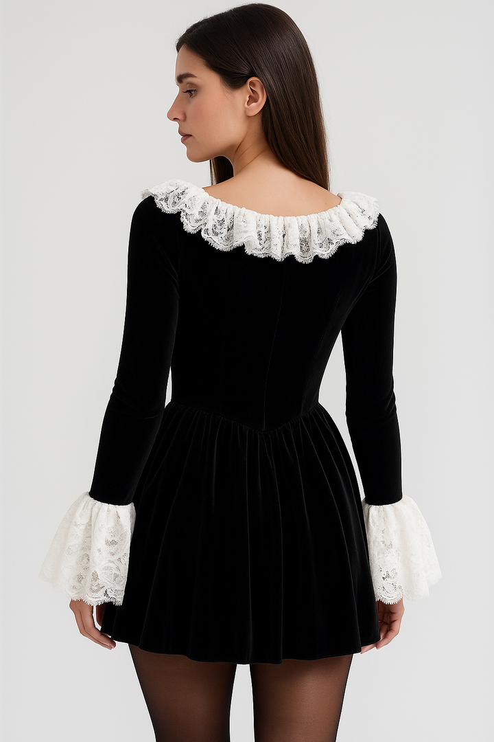 Black Lace Mini Dress | Square Neck Long Flare Sleeve