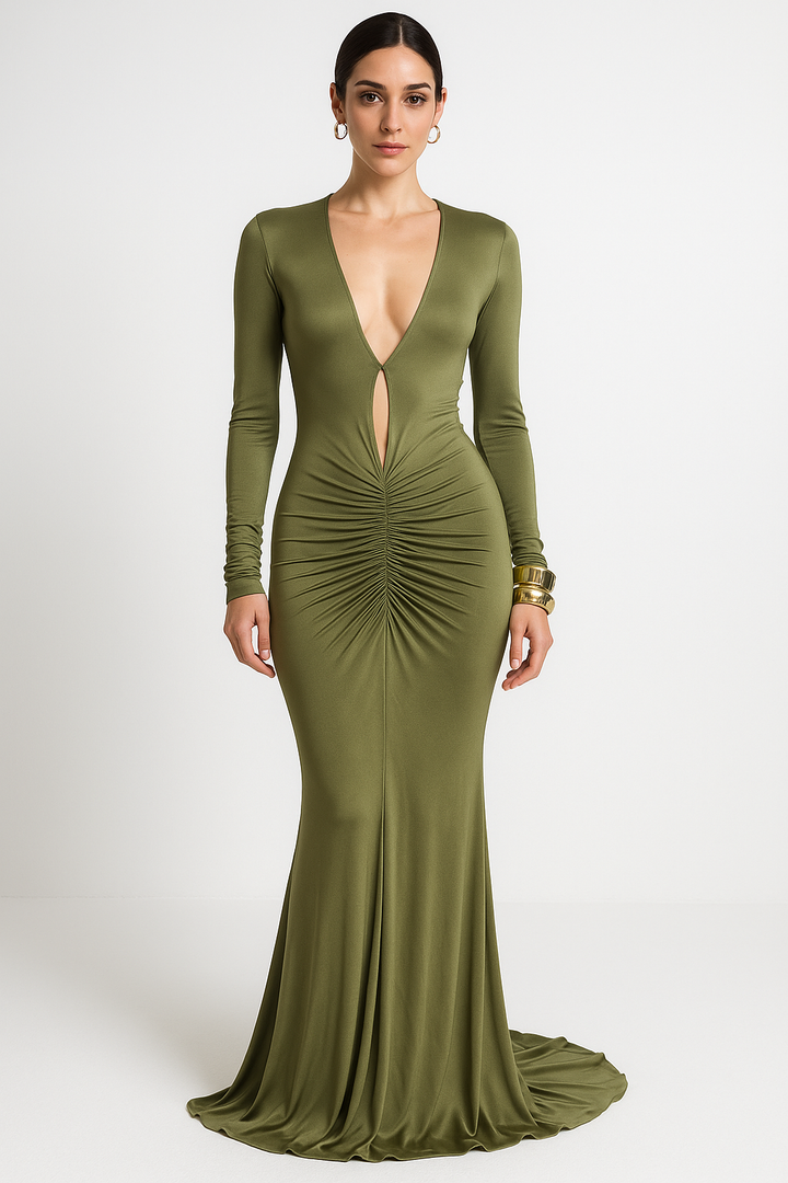 Ruched Long Sleeve Maxi Gown