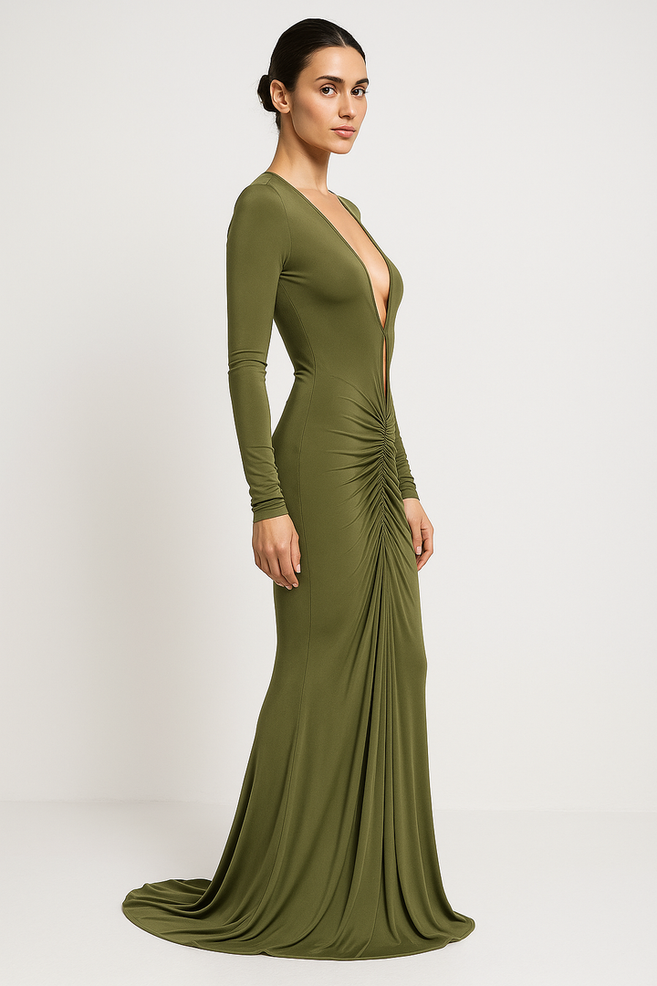 Ruched Long Sleeve Maxi Gown