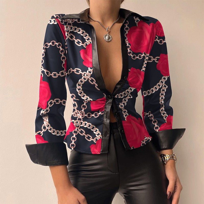 Leila | Printed V-neck PU Leather Blouse