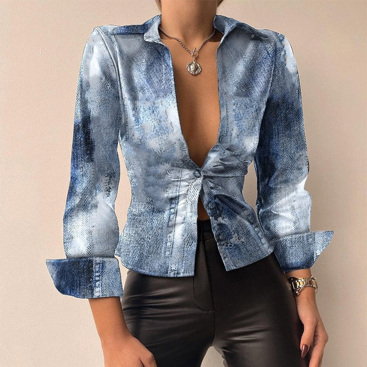 Leila | Printed V-neck PU Leather Blouse