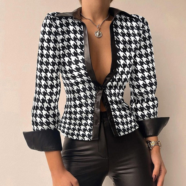 Leila | Printed V-neck PU Leather Blouse