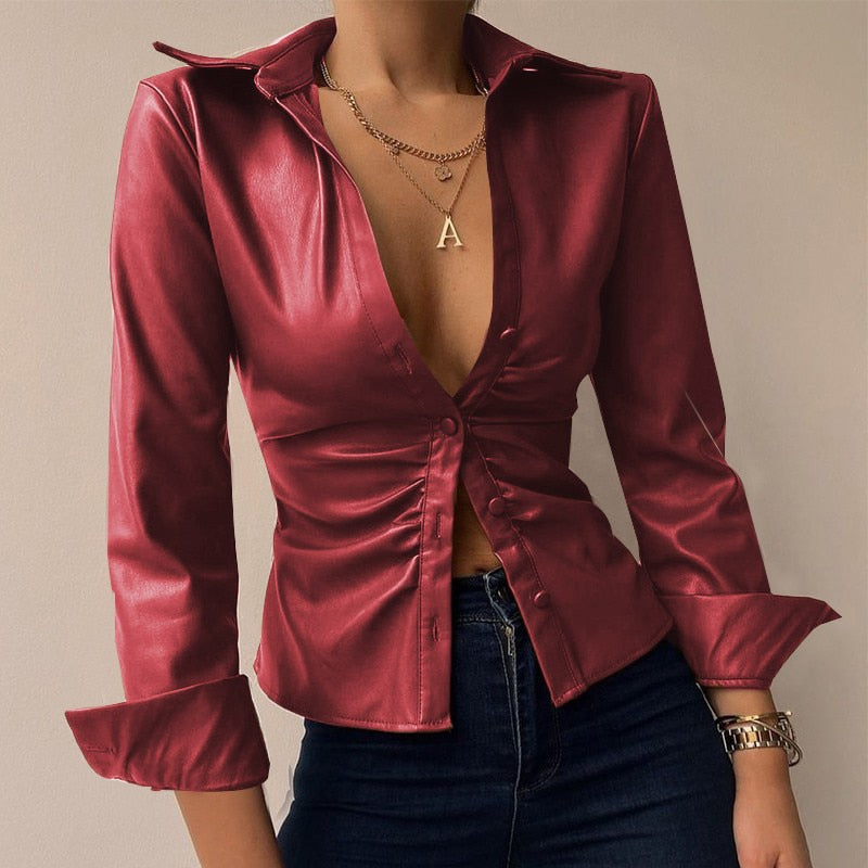 Leila | Printed V-neck PU Leather Blouse