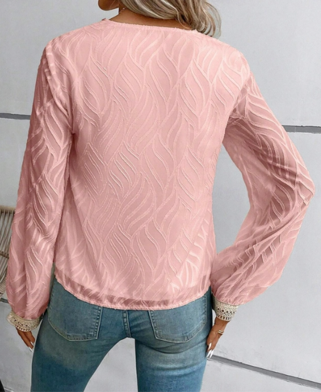 Celeste Sheer Patterned Lace  V-Neck Blouse