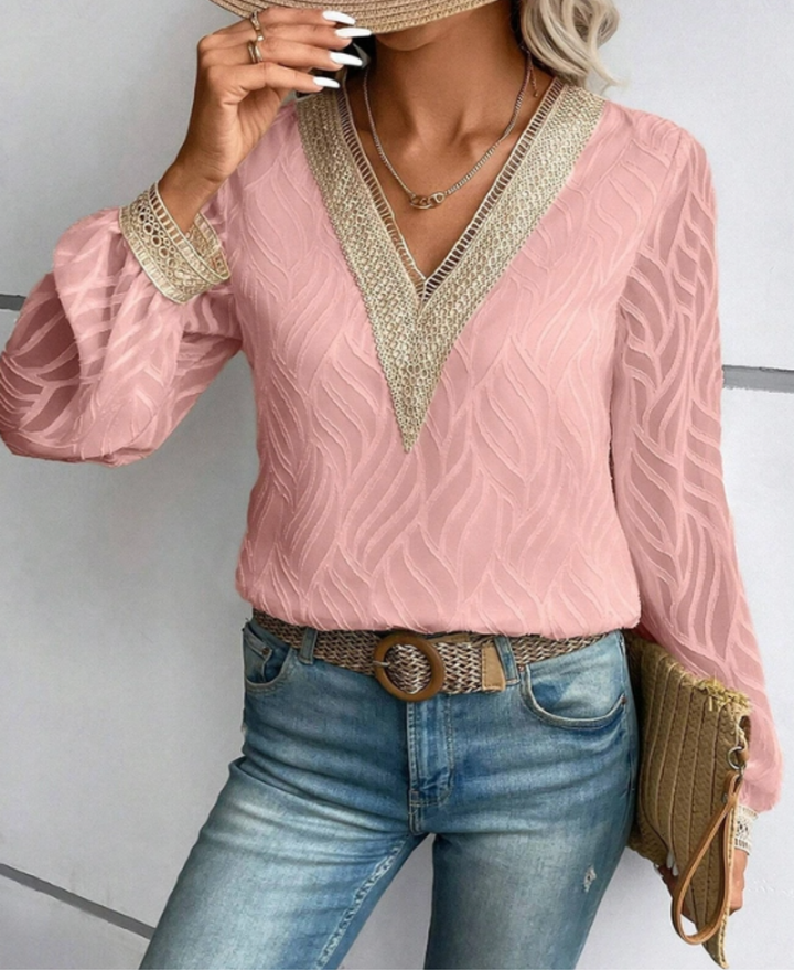 Celeste Sheer Patterned Lace  V-Neck Blouse