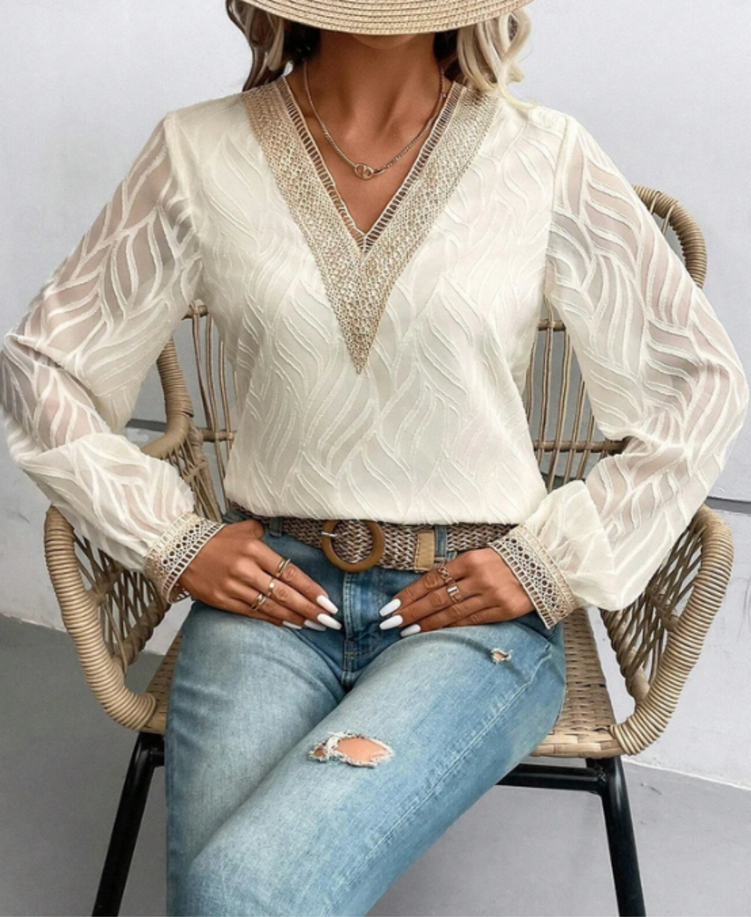 Celeste Sheer Patterned Lace  V-Neck Blouse