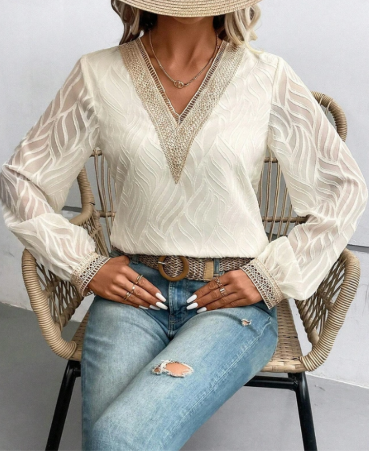Celeste Sheer Patterned Lace  V-Neck Blouse