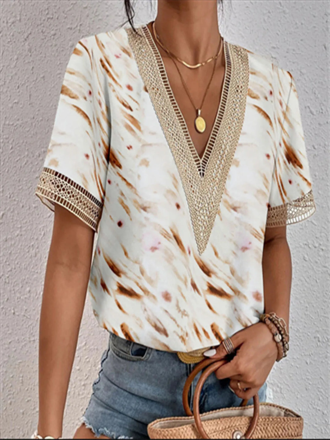 Leona Marble Lace-Trim V-Neck Blouse