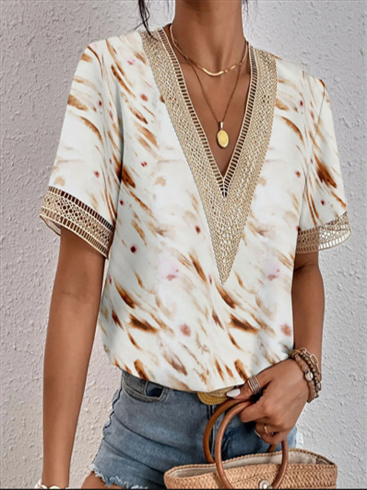 Leona Marble Lace-Trim V-Neck Blouse
