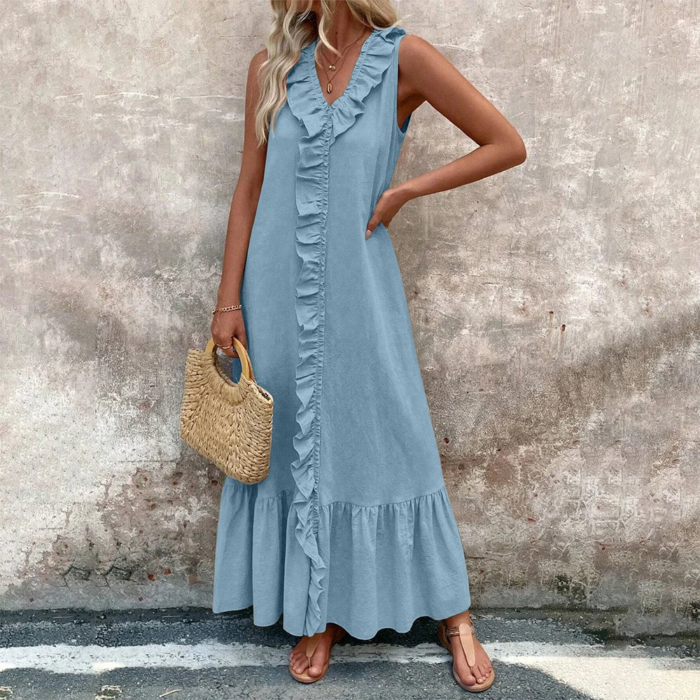 V-Neck Ruffle A-Line Maxi Dress