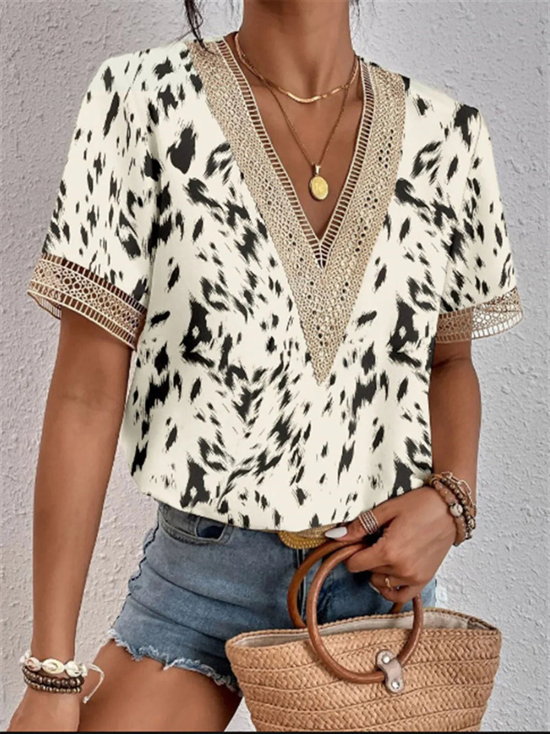 Leona Marble Lace-Trim V-Neck Blouse