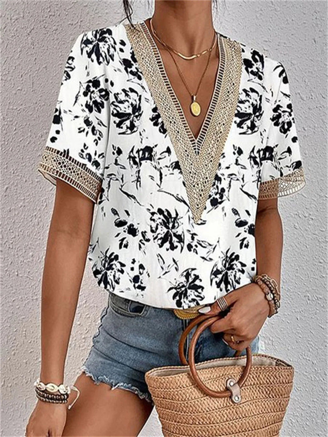 Leona Marble Lace-Trim V-Neck Blouse