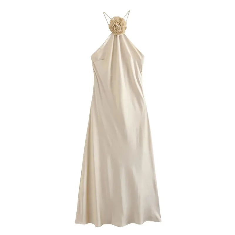 The Satin Bloom Maxi Dress | Champagne Elegance