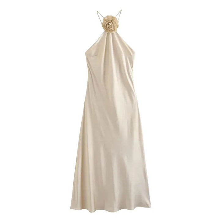 The Satin Bloom Maxi Dress | Champagne Elegance