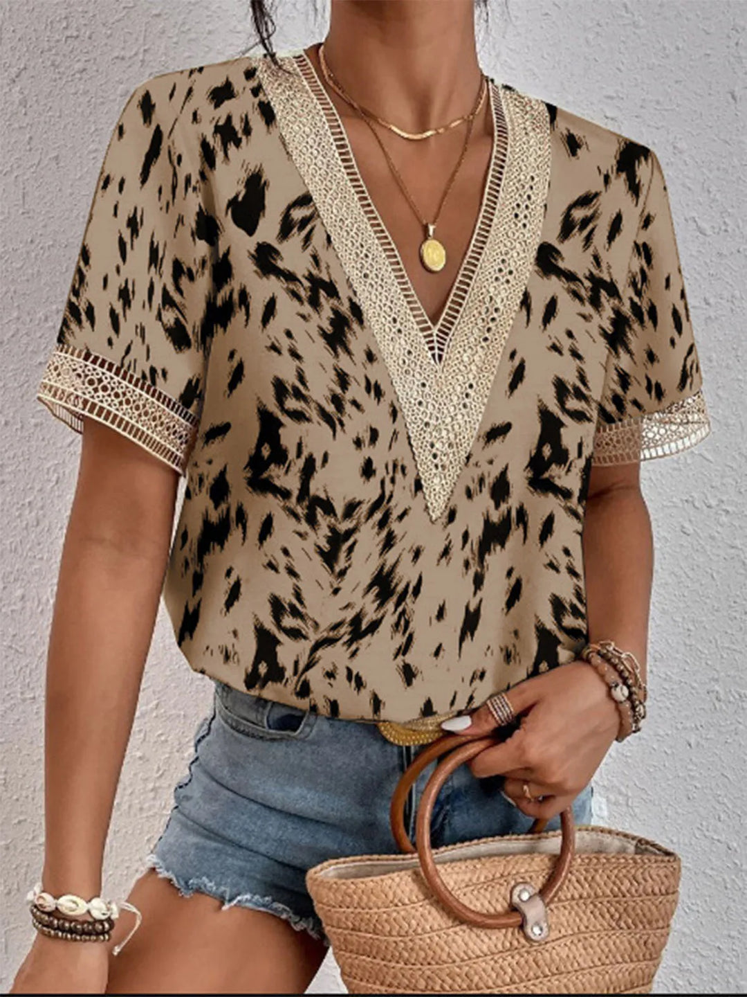 Leona Marble Lace-Trim V-Neck Blouse