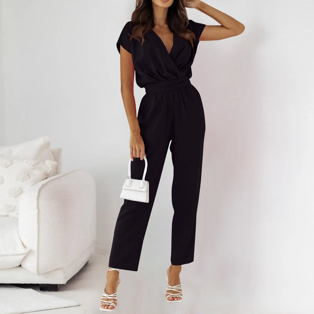 V Neck Short Sleeve High Waist Jumpsuit
