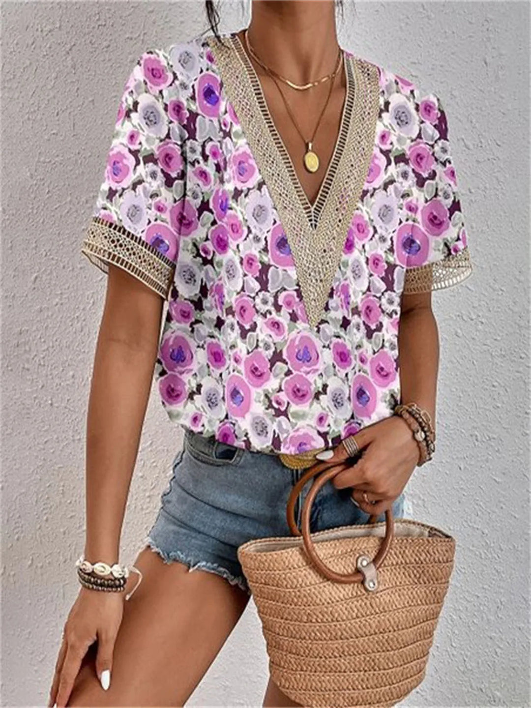 Leona Marble Lace-Trim V-Neck Blouse