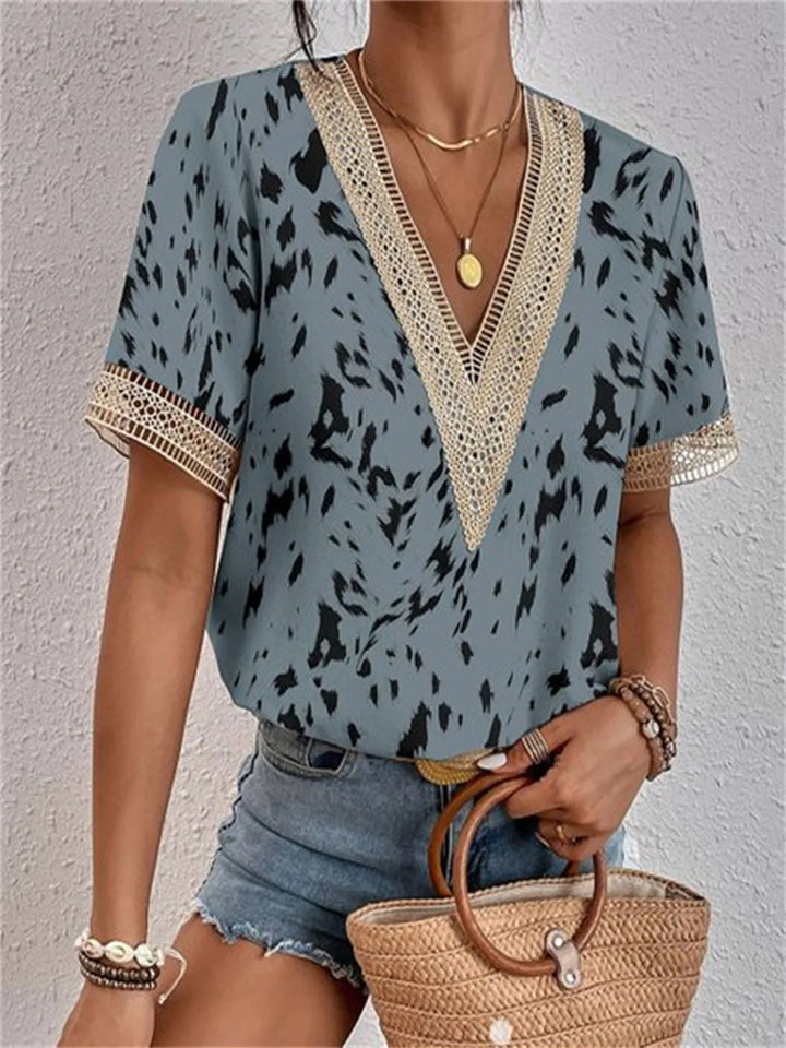 Leona Marble Lace-Trim V-Neck Blouse