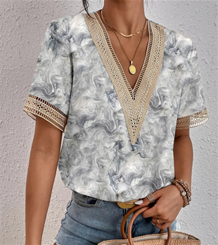 Leona Marble Lace-Trim V-Neck Blouse
