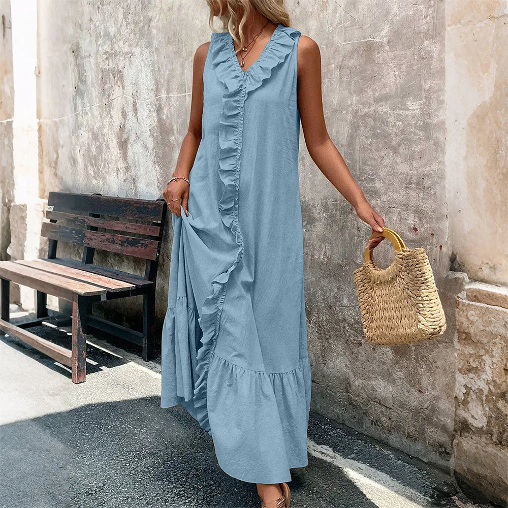 V-Neck Ruffle A-Line Maxi Dress